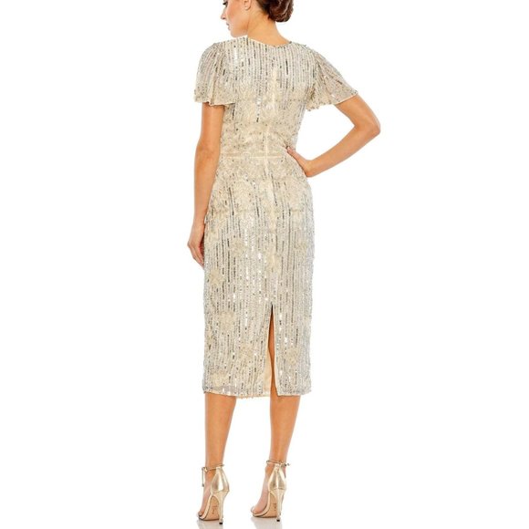 Mac Duggal Women's Ornate Bead Embellished Flutter Sleeve High Neck Midi Dress - Picture 3 of 3